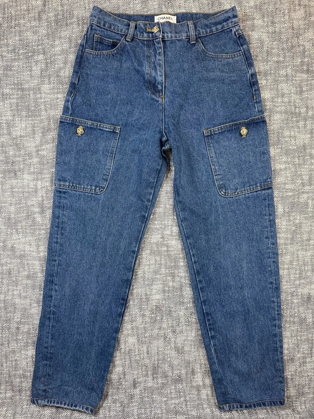 CHANEL High Rise 90s Denim Jeans with Gold CC Buttons rhinestones tapered gems